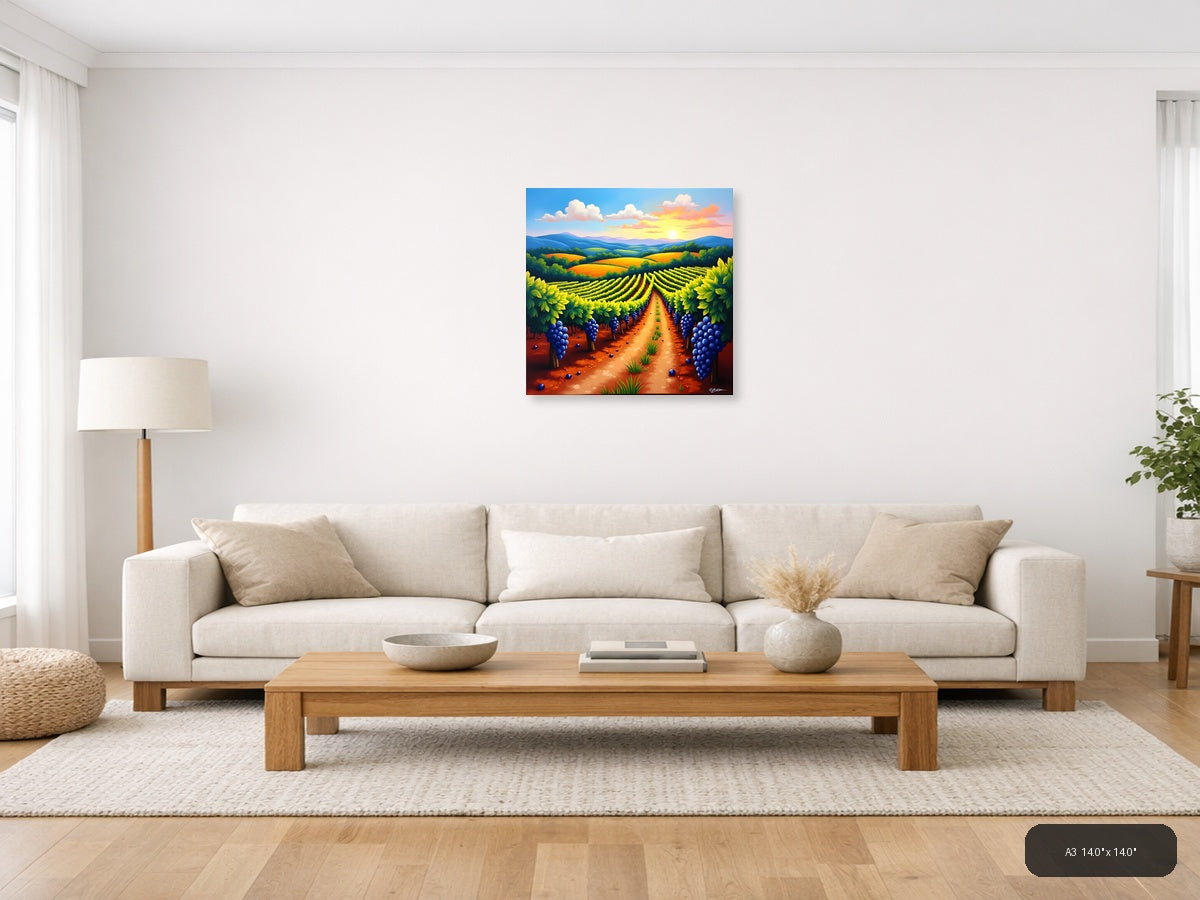 Vibrant Vineyard Sunset - Abstract Landscape Wall Art — A3 / Living Room