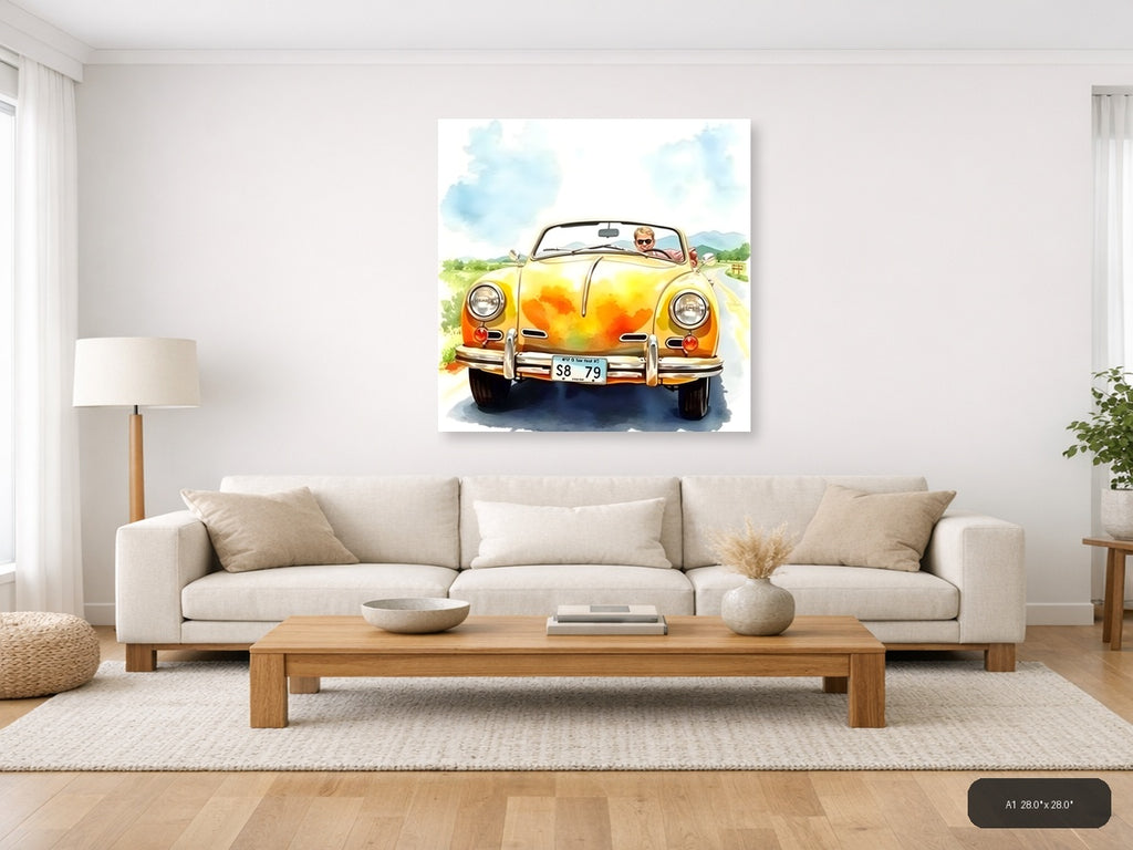 Yellow Convertible Car Watercolor Painting Wall Art — A1 / Living Room