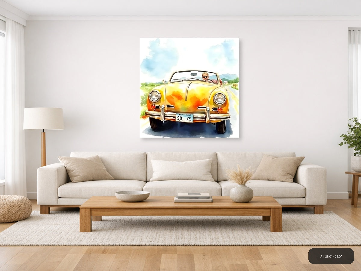 Yellow Convertible Car Watercolor Painting Wall Art — A1 / Living Room