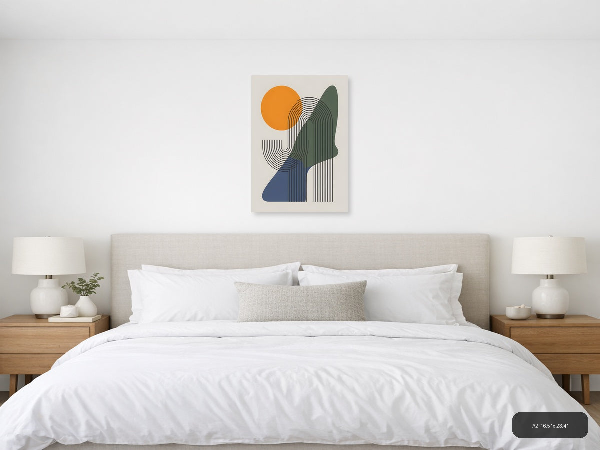 Abstract Line Art Portrait with Orange Sun Wall Art — A2 / Bedroom
