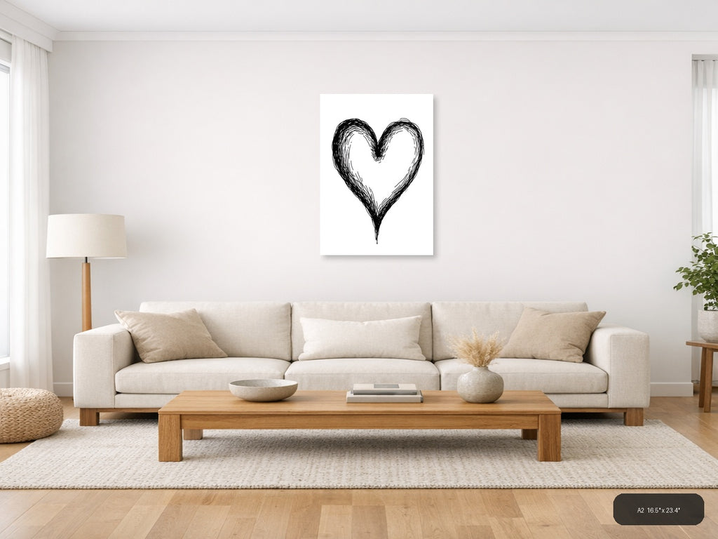 Hand-Drawn Heart Line Art Black Ink Wall Art — A2 / Living Room