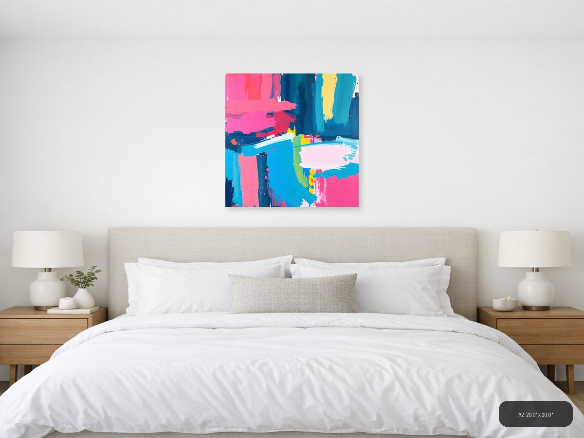 Vibrant Abstract Brushstrokes Cyan Pink Yellow Wall Art — A2 / Bedroom