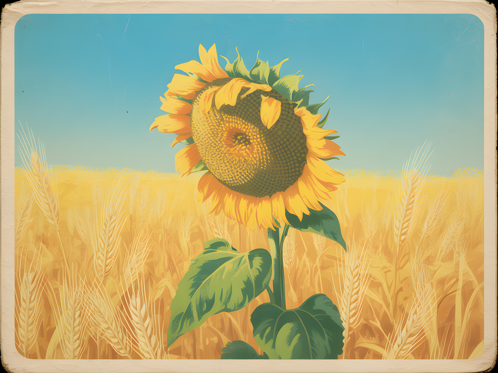Vintage Sunflower in Wheat Field Landscape Wall Art