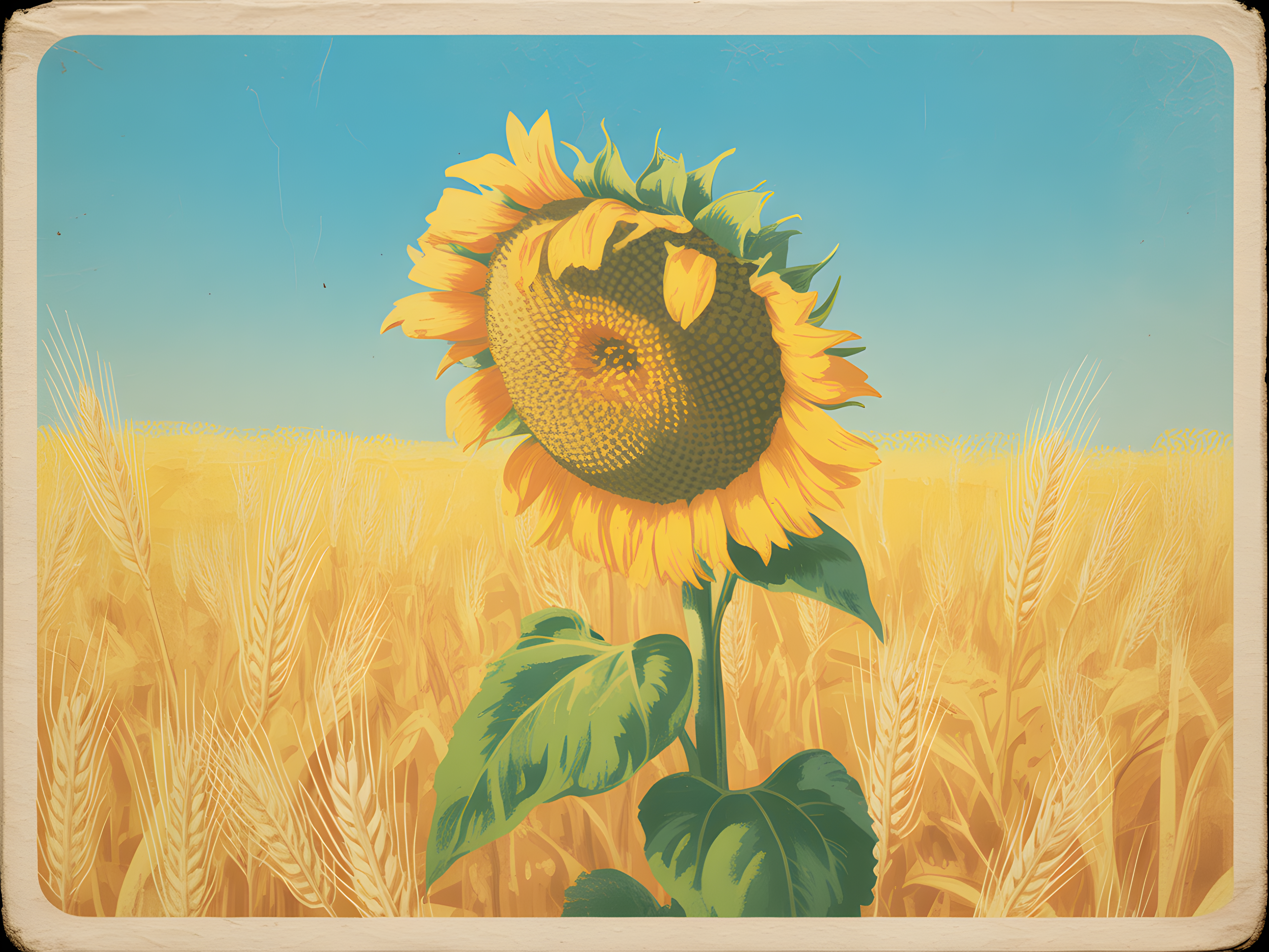Vintage Sunflower in Wheat Field Landscape Wall Art