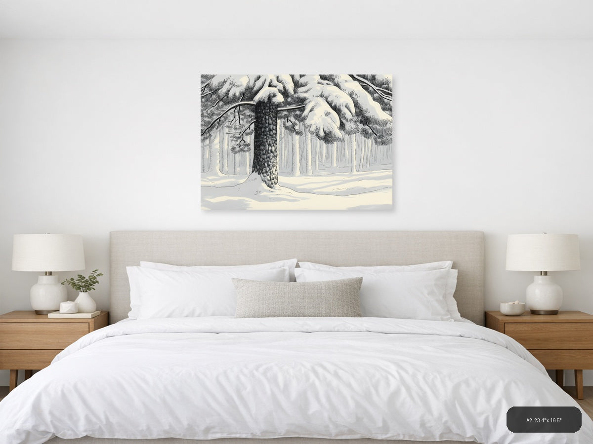 Winter Forest Snow Line Art Landscape Wall Art — A2 / Bedroom