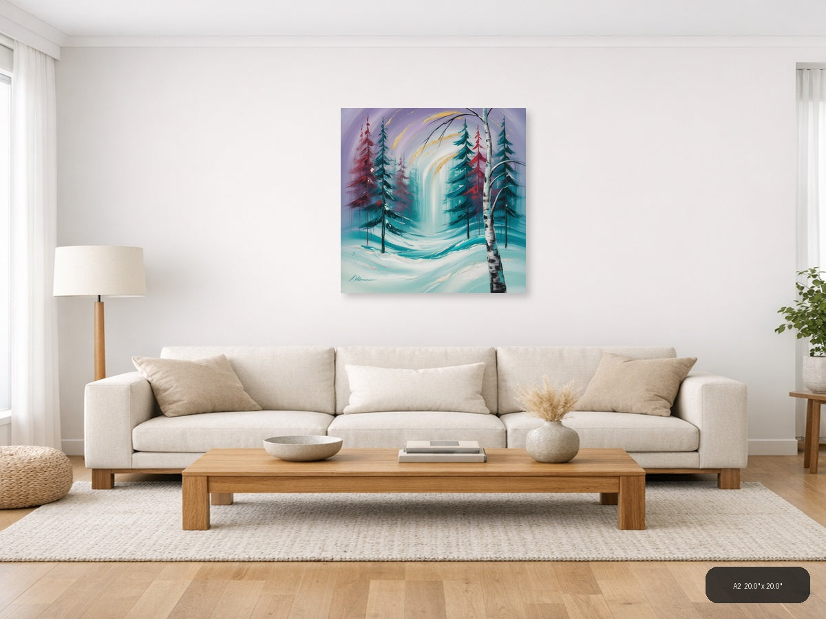 Abstract Winter Forest with Turquoise Waterfall Wall Art — A2 / Living Room