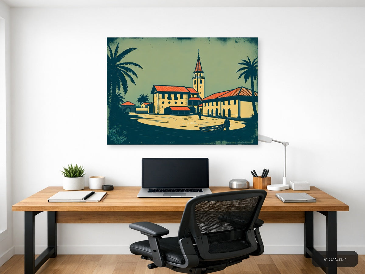Vintage Tropical Church Landscape Wall Art — A1 / Office