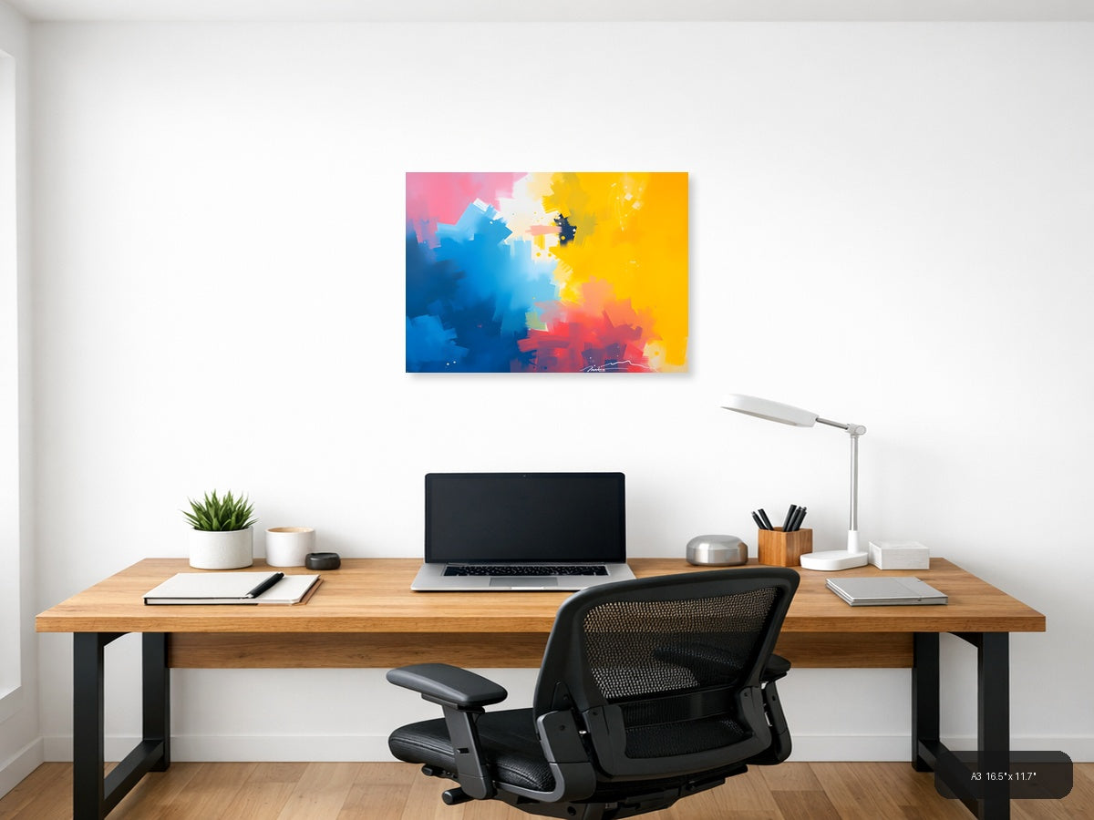 Blue Yellow Red Abstract Brushstrokes Modern Wall Art — A3 / Office