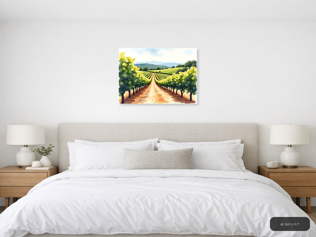 Vineyard Path Watercolor Landscape Wall Art — A3 / Bedroom