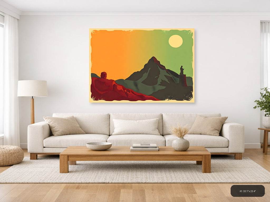 Vintage Mountain Landscape with Hikers - Retro Wall Art — A1 / Living Room