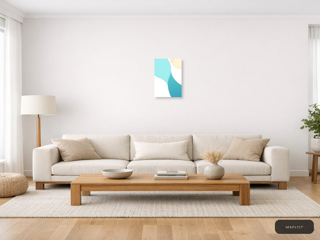 Minimalist Turquoise and Cream Abstract Curves Wall Art — A4 / Living Room