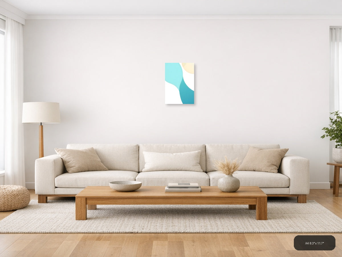 Minimalist Turquoise and Cream Abstract Curves Wall Art — A4 / Living Room