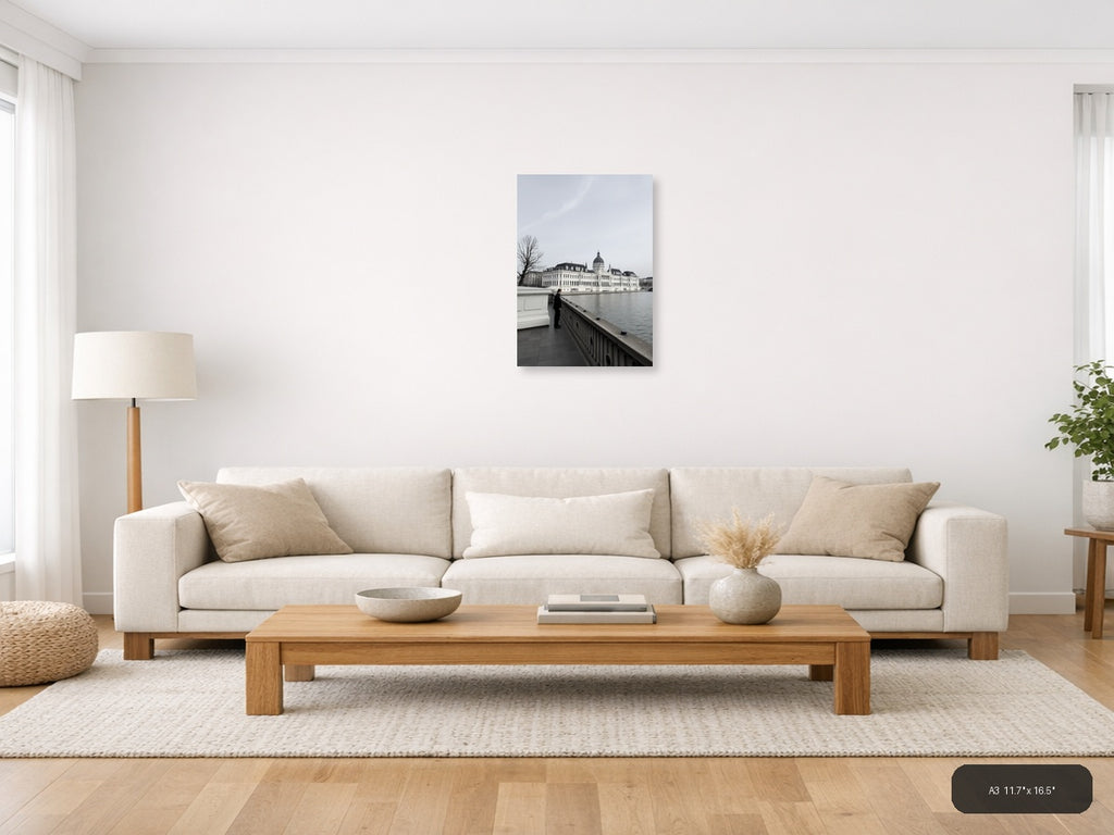 Man at Railing Overlooking Grand Palace | Minimalist Wall Art — A3 (Living Room)