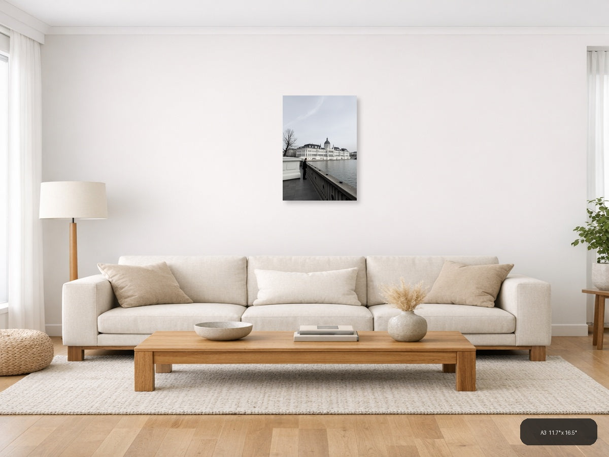 Man at Railing Overlooking Grand Palace | Minimalist Wall Art — A3 (Living Room)