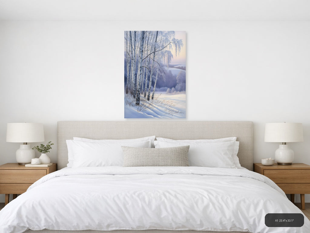Frozen Birch Trees by Winter Lake Watercolor Wall Art — A1 / Bedroom