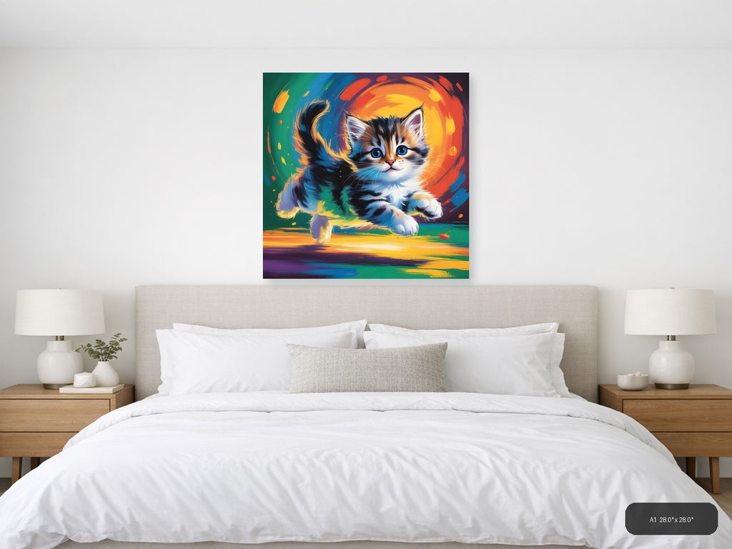 Colorful Abstract Kitten with Blue Eyes Wall Art — A1 / Bedroom