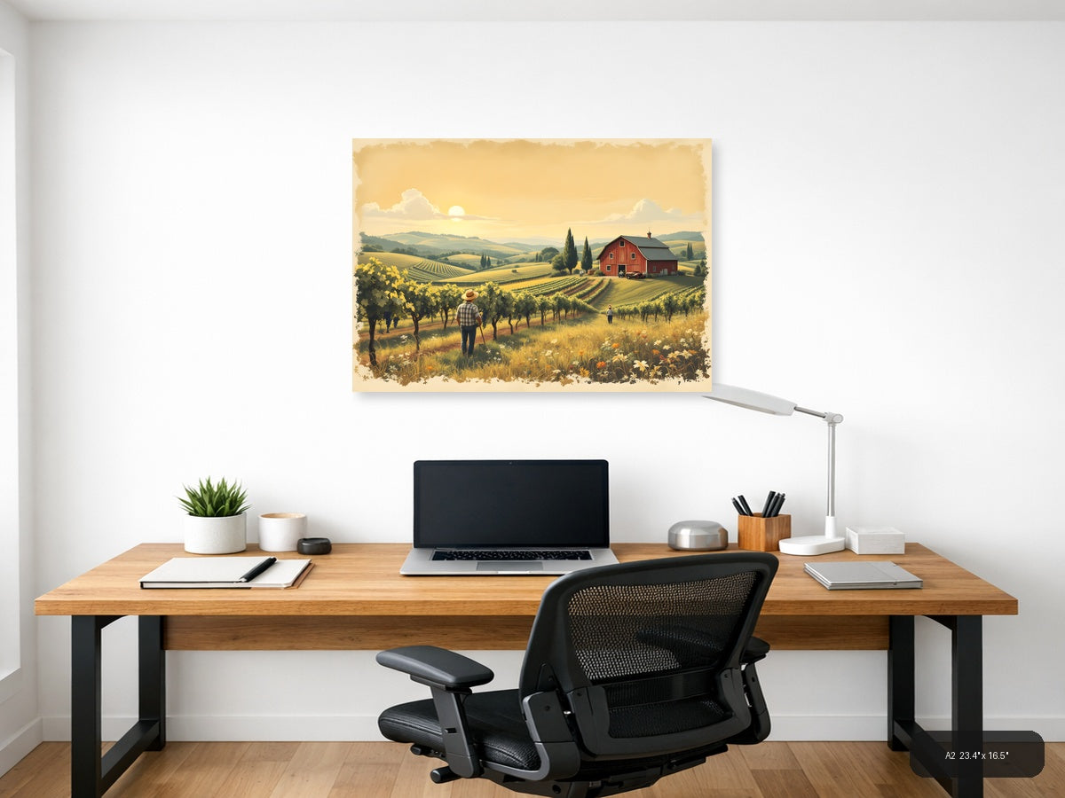 Vintage Vineyard Farm Landscape with Red Barn Wall Art — A2 / Office