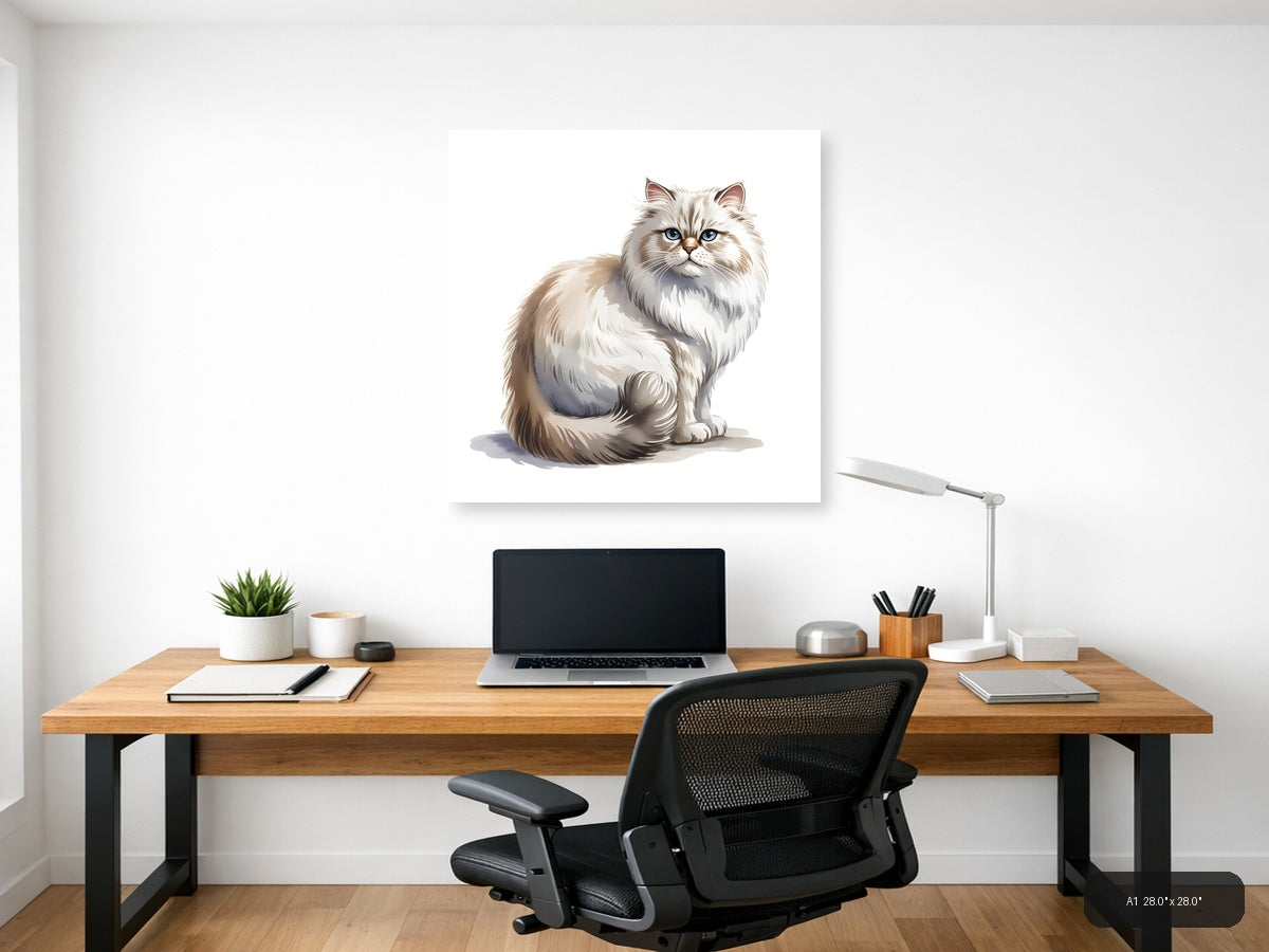 Fluffy White Cat with Blue Eyes Minimalist Wall Art — A1 / Office