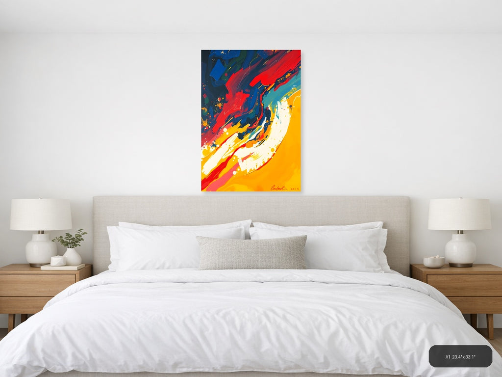 Bold Abstract Swirls Red Blue Yellow Wall Art — A1 / Bedroom