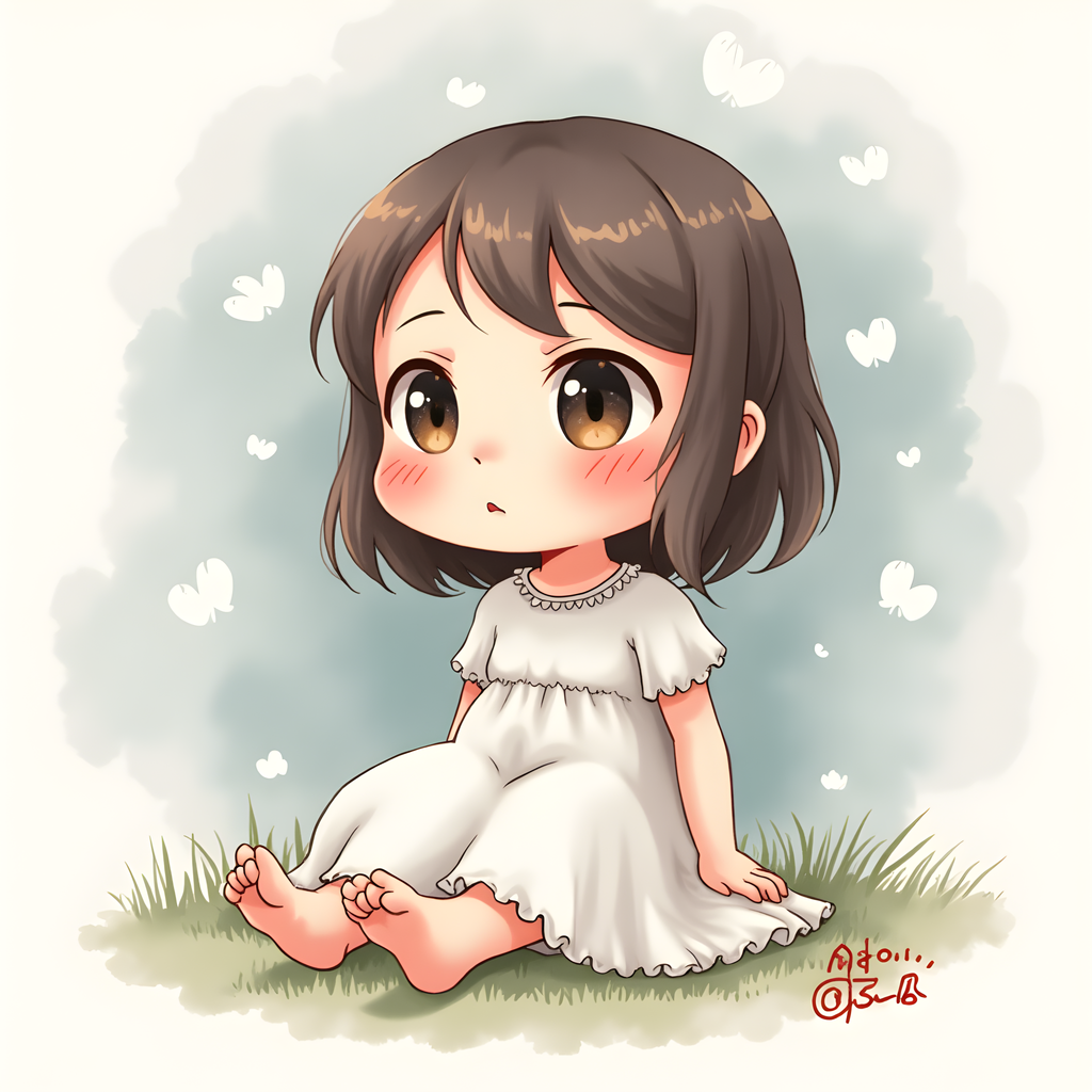 Cute Girl Sitting Watercolor Square Wall Art