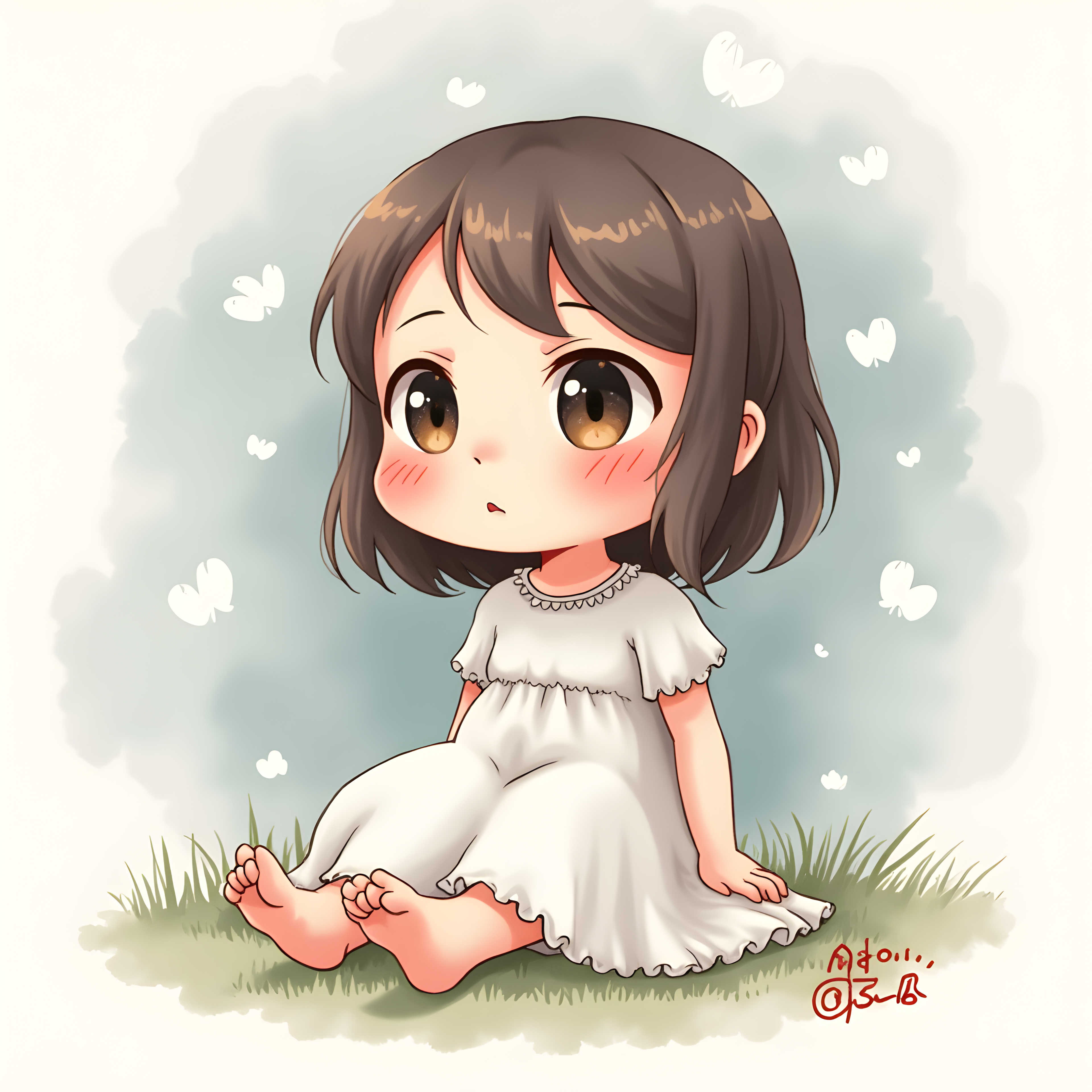 Cute Girl Sitting Watercolor Square Wall Art