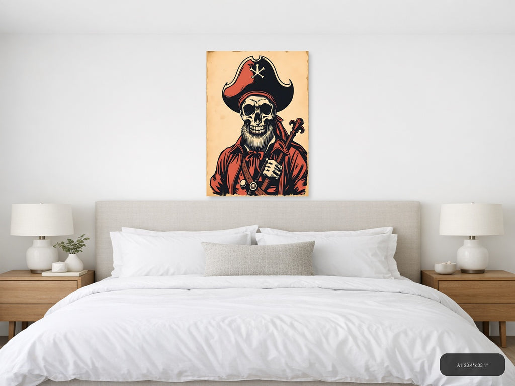 Vintage Pirate Skull Crossbones Red Black Wall Art — A1 / Bedroom