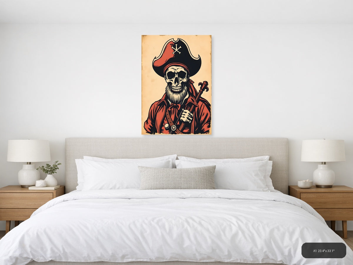 Vintage Pirate Skull Crossbones Red Black Wall Art — A1 / Bedroom