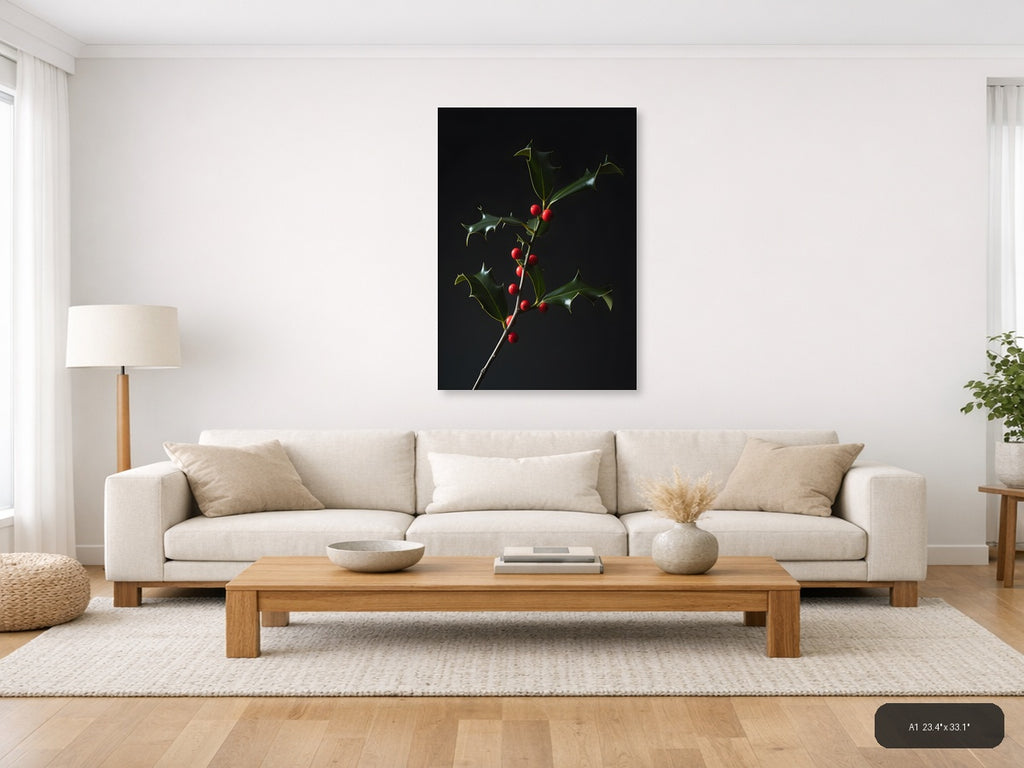 Holly Branch with Red Berries | Fine Art Photography Wall Art — A1 / Living Room