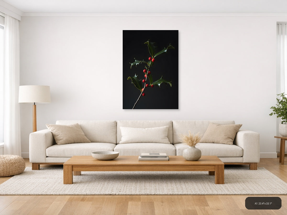 Holly Branch with Red Berries | Fine Art Photography Wall Art — A1 / Living Room