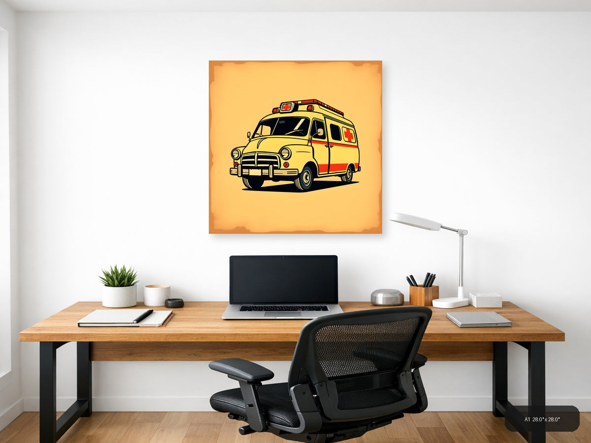 Vintage Yellow Ambulance Retro Wall Art — A1 / Office