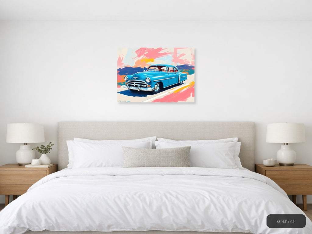 Blue Vintage Car Abstract Brushstrokes Wall Art — A3 / Bedroom
