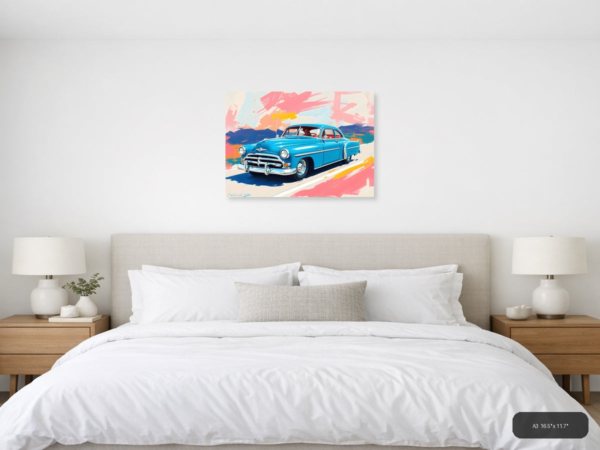 Blue Vintage Car Abstract Brushstrokes Wall Art — A3 / Bedroom