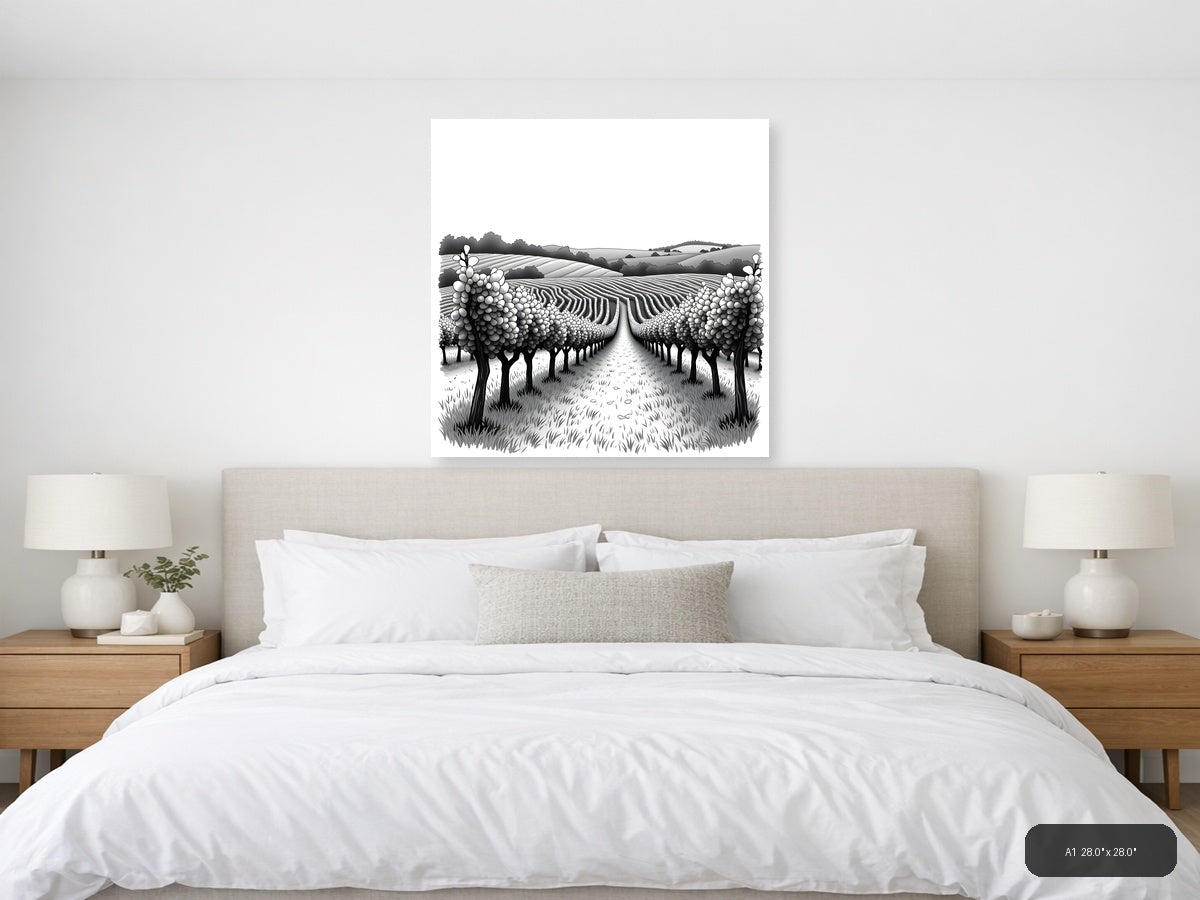 Vineyard Rows Line Art - Monochrome Landscape Wall Art — A1 / Bedroom