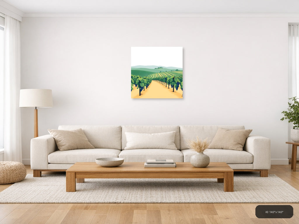 Minimalist Vineyard Landscape with Blue Grapes Wall Art — A3 / Living Room