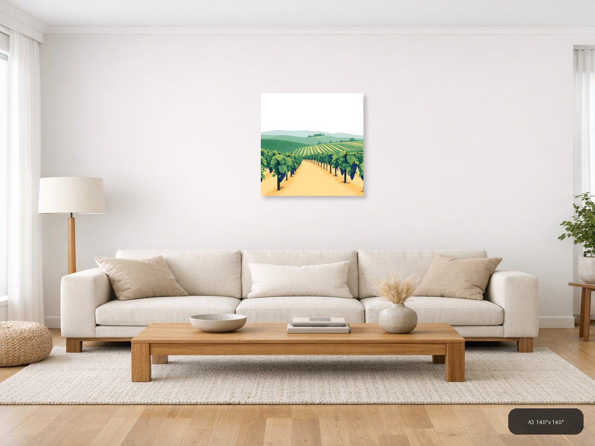 Minimalist Vineyard Landscape with Blue Grapes Wall Art — A3 / Living Room