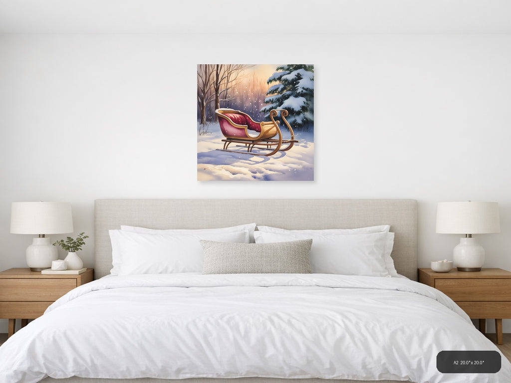 Santa's Sleigh Winter Forest Watercolor Wall Art — A2 / Bedroom