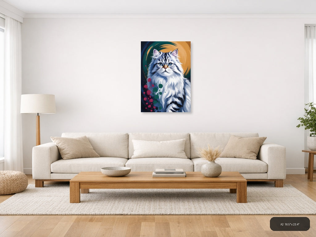 Blue-Eyed White Cat Abstract Portrait Wall Art — A2 / Living Room