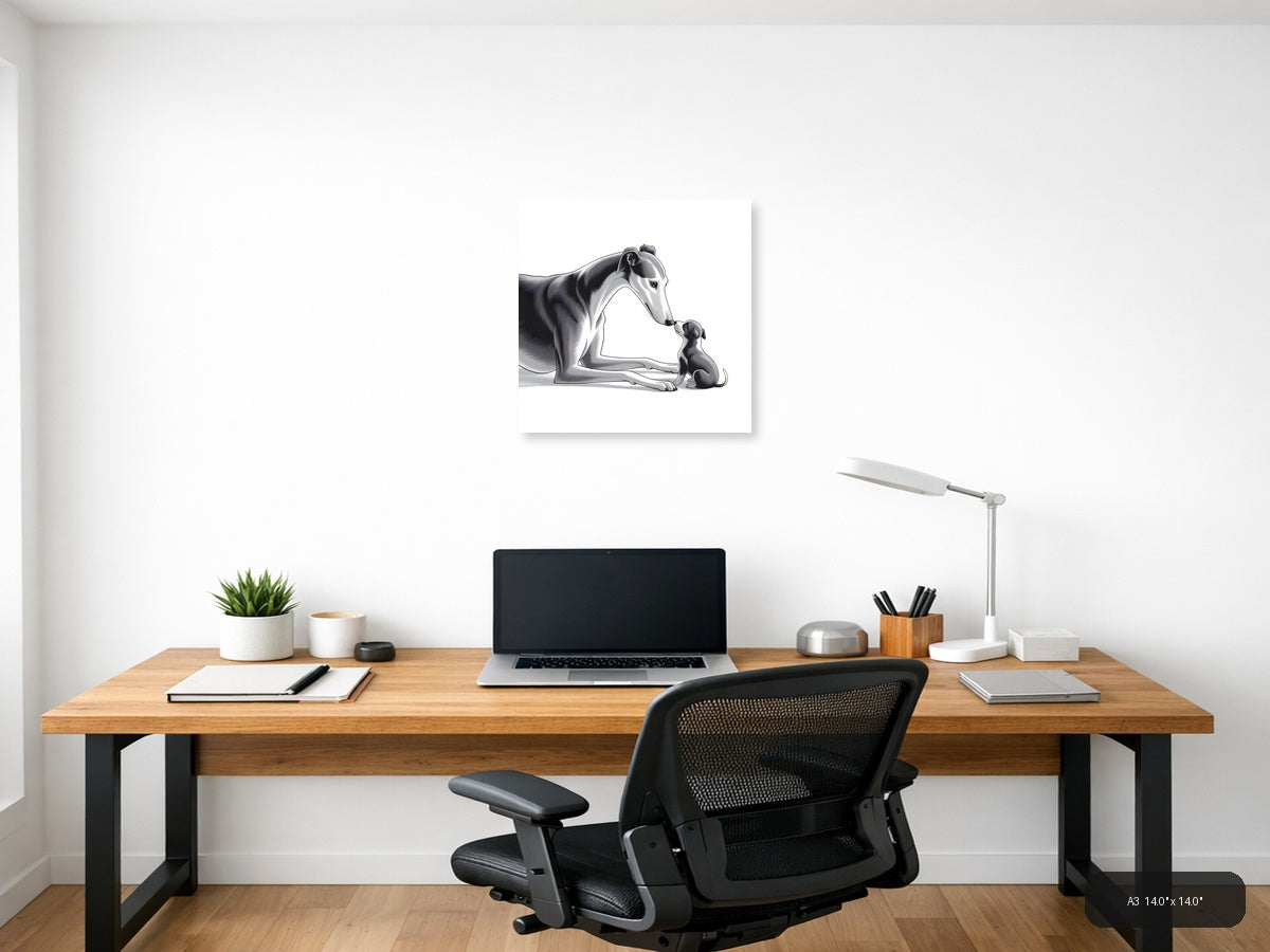 Large Dog and Puppy Minimalist Black White Wall Art — A3 / Office
