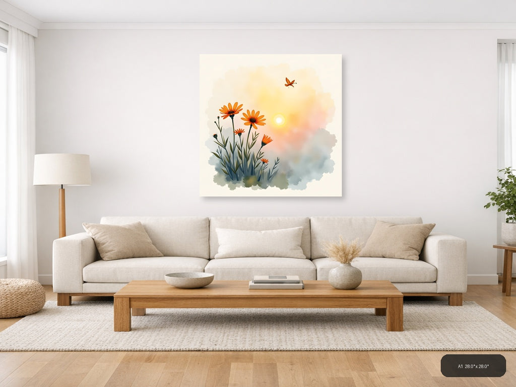 Orange Flowers Butterfly Sunrise Watercolor Wall Art — A1 / Living Room
