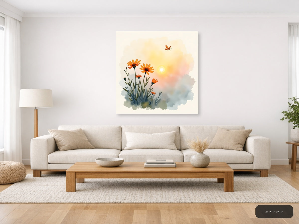 Orange Flowers Butterfly Sunrise Watercolor Wall Art — A1 / Living Room