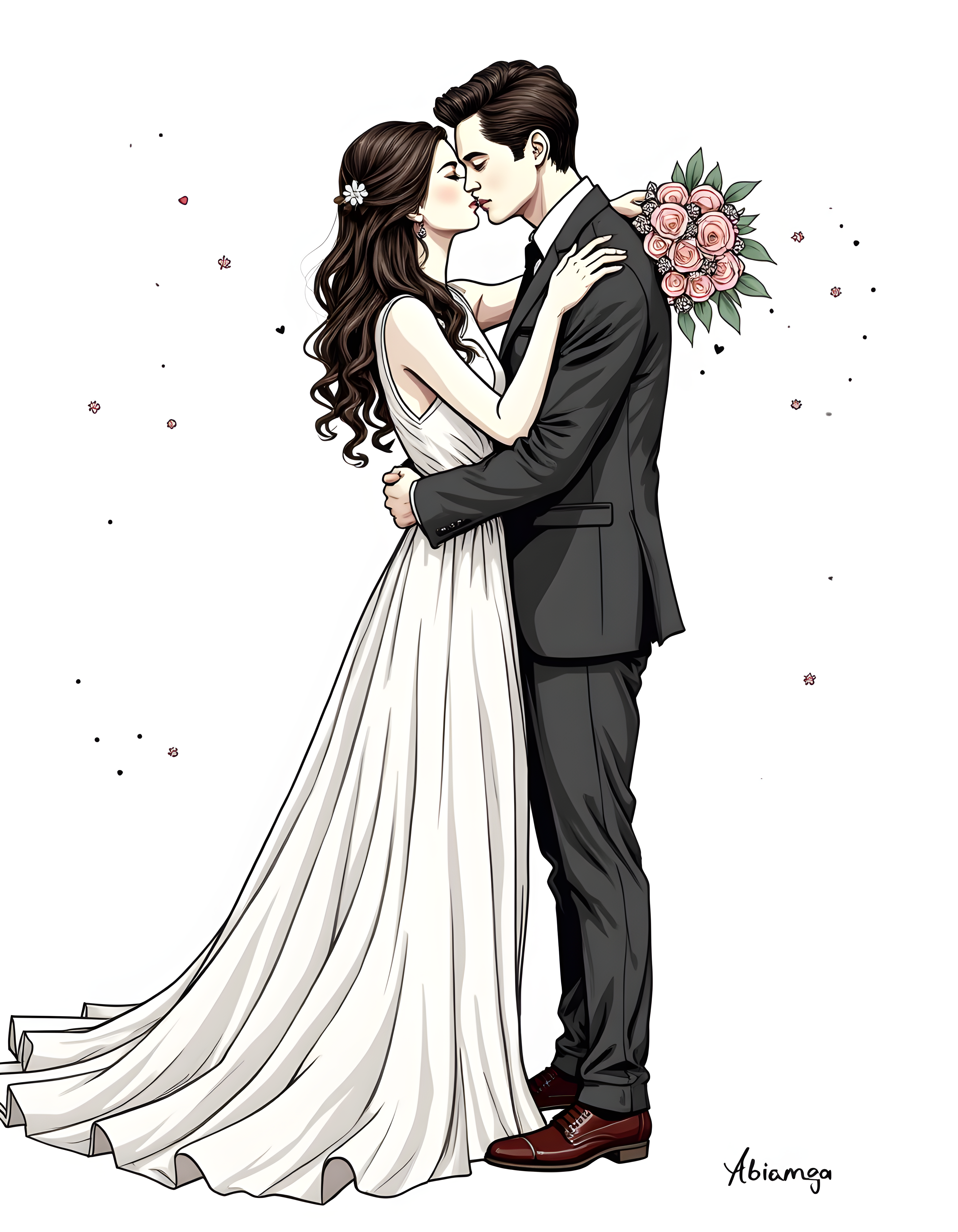 Wedding Kiss Line Art - Bride Groom Couple Wall Art