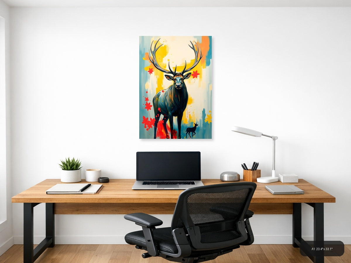 Abstract Deer with Antlers - Modern Yellow & Red Wall Art — A1 / Office