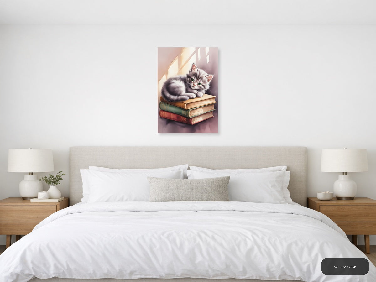 Kitten on Books Watercolor Portrait Wall Art — A2 / Bedroom