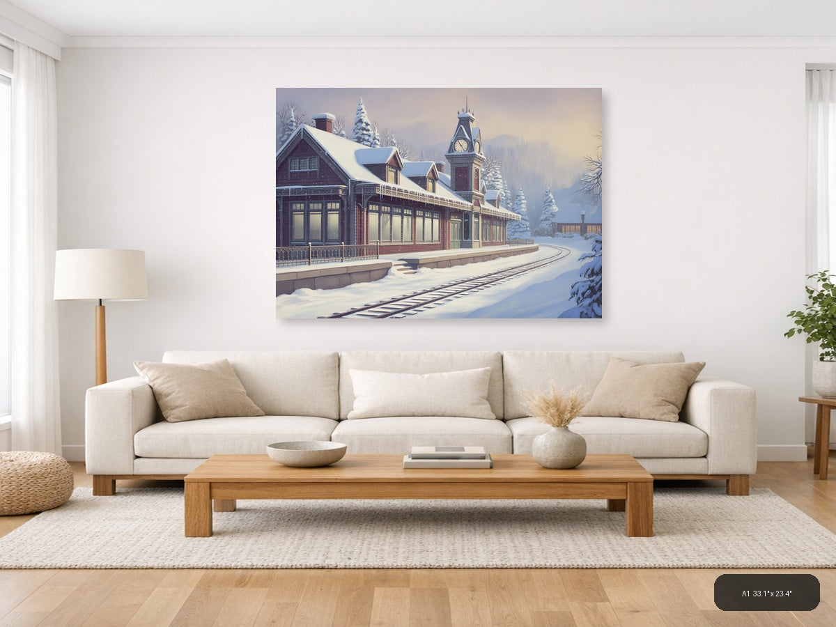 Vintage Snow-Covered Railway Station Clock Tower Wall Art — A1 / Living Room