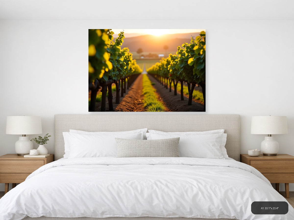Golden Sunset Vineyard Rows Photography Wall Art — A1 / Bedroom