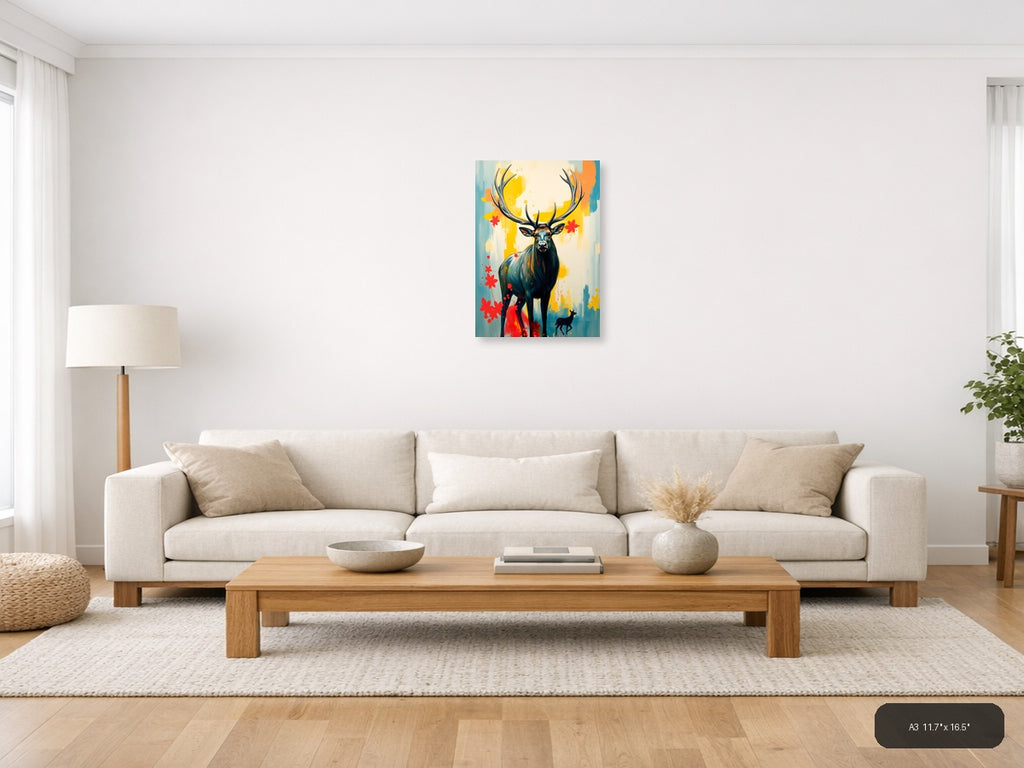 Abstract Deer with Antlers - Modern Yellow & Red Wall Art — A3 / Living Room