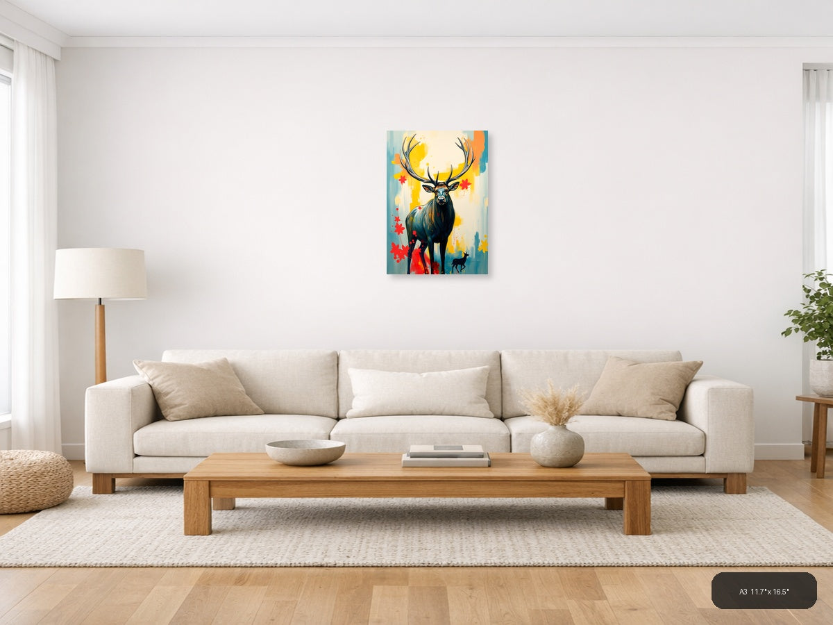 Abstract Deer with Antlers - Modern Yellow & Red Wall Art — A3 / Living Room