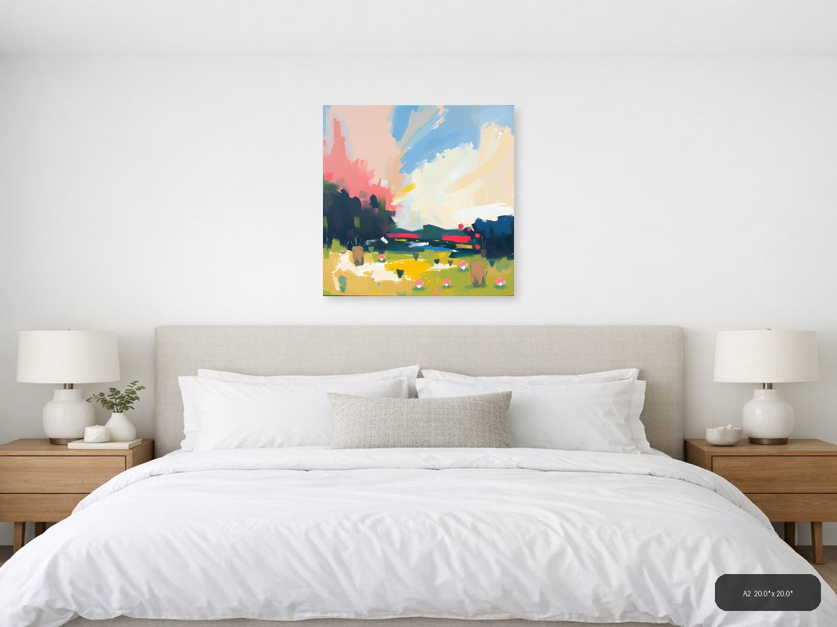 Abstract Landscape with Pink Sky & Green Fields Wall Art — A2 / Bedroom