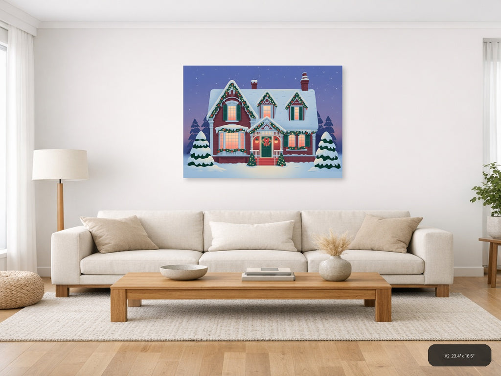 Vintage Christmas House Snow Scene Landscape Wall Art — A2 / Living Room