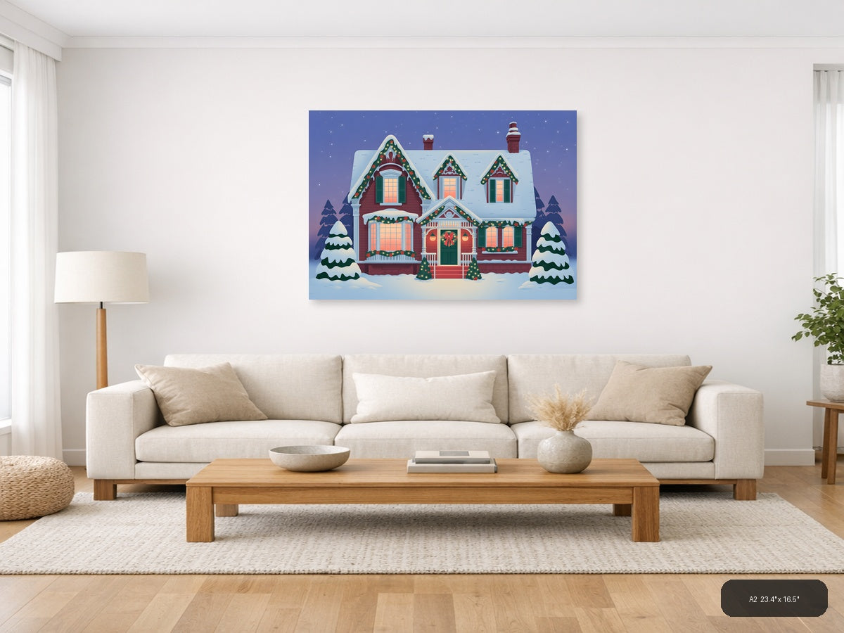 Vintage Christmas House Snow Scene Landscape Wall Art — A2 / Living Room